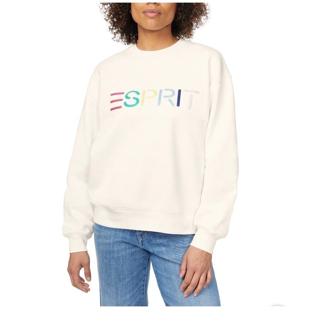 ESPRIT Logo Sweatshirt Women S Cream Crewneck Relaxed Fit Cotton Blend NWT 80s - Picture 2 of 11